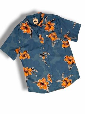 Quiksilver Hawaiian Shirt Mens Large Blue Orange Floral Short Sleeve Button NWT